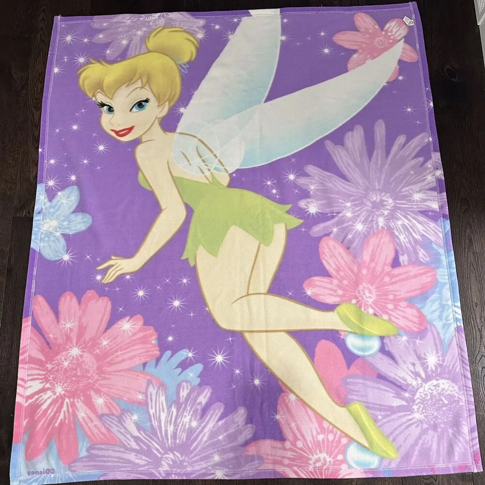 Vintage Disney Fairies Tinkerbell Fleece Throw Blanket 50x60 purple pink flower